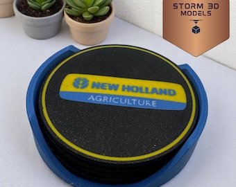 New Holland Coaster Set Round – 3D Printed Farm-Themed Drink Coasters, Tractor Gift for Farmers, Rustic Country Home Décor