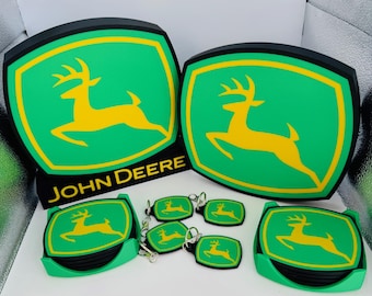 John Deere Themed Gift Bundle C | 3D Printed LED Lightbox + Coasters + Keychains | Farmer Gift | Tractor Lover Decor Set