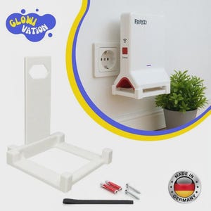 Könnte beinhalten: Weiße Kunststoff-Wandhalterung für einen Router, mit passendem Ständer und Montagematerial. Das Bild zeigt auch einen weißen Router, der an eine Steckdose angeschlossen ist, mit einer kleinen Topfpflanze. Der Text "GLOWIVATION" befindet sich in einer blauen Blase.