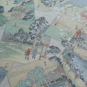 May include: Textile featuring a repeating pattern of landscape scenes in muted greens, beige, and blues. The design includes stylized trees, hills, and figures, creating a patchwork effect. The fabric has a subtle texture.