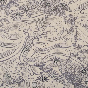 May include: Cream-coloured fabric featuring a repeating pattern of stylised waves, flowers, and fan-shaped elements in grey tones. The design is reminiscent of traditional Japanese art and textile design.