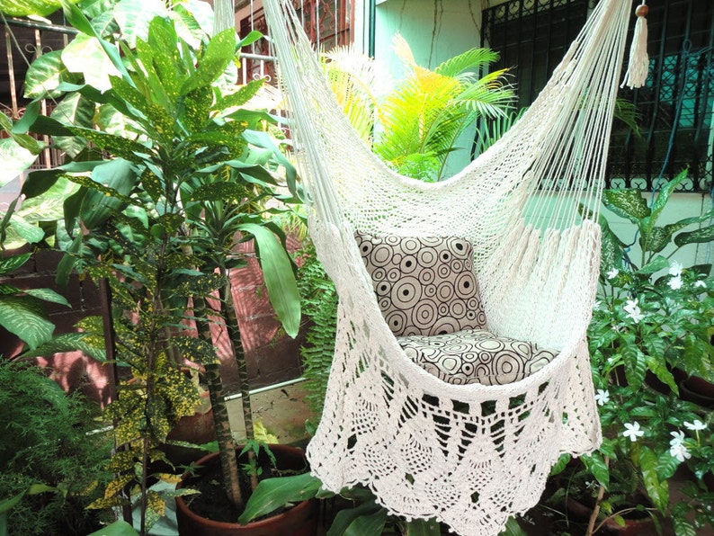 Hammock Chair White Bell Fringe Style. Craftwork Woven Fabric image 5