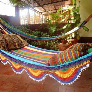 White colorful Hammock, Double size Hammock Hand Woven with Simple Fringe. image 1
