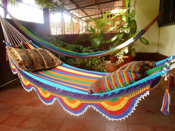 Hamaca blanca multicolor doble hamaca tejida a mano Fleco | Etsy México