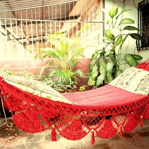 Red Hammock, Hand Woven Natural Cotton with Special Fringe