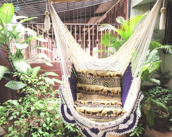 Beige and Violet Sitting Hammock with Simple Fringe