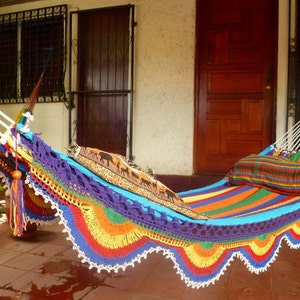 White colorful Hammock, Double size Hammock Hand Woven with Simple Fringe. image 5