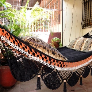 Black two lines Hammock, Hand Woven Natural Cotton with Special Fringe image 5