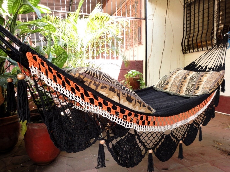 Black two lines Hammock, Hand Woven Natural Cotton with Special Fringe image 5