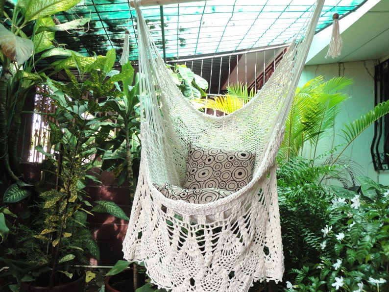 Hammock Chair White Bell Fringe Style. Craftwork Woven Fabric image 3