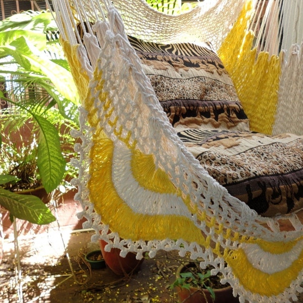 Beige and yellow Sitting Hammock with Fringe