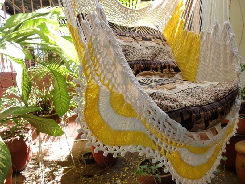 Beige and yellow Sitting Hammock with Fringe image 1