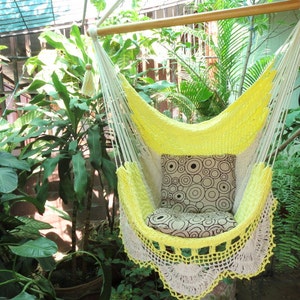 Beige and yellow hammock chair. Sitting Hammock with Fringe.