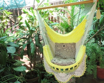 Beige and yellow hammock chair. Sitting Hammock with Fringe.