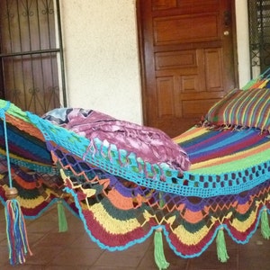 Hammocks, Beautiful center Turquoise Multicolor Double Hammock hand-woven Natural Cotton Special Fringe image 1