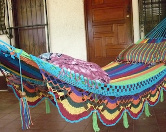 Hammocks, Beautiful center Turquoise Multicolor Double Hammock hand-woven Natural Cotton Special Fringe