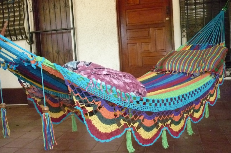 Hammocks, Beautiful center Turquoise Multicolor Double Hammock hand-woven Natural Cotton Special Fringe image 1