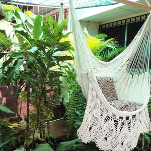 Hammock Chair White Bell Fringe Style. Craftwork Woven Fabric image 2