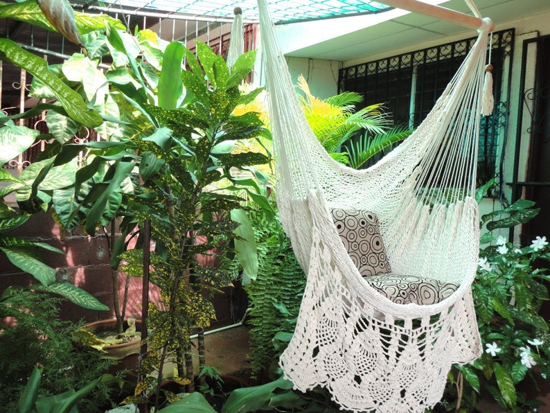 Hammock Chair White Bell Fringe Style. Craftwork Woven Fabric image 2