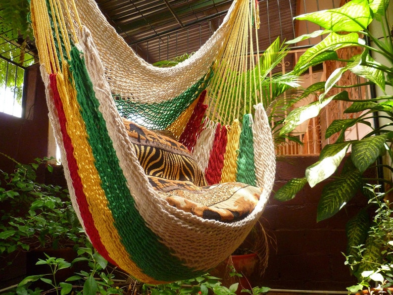 Vibrant Multicolor Hanging Hammock Chair Natural Cotton and Wood for Indoor and Outdoor Use image 3