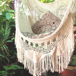 Hammock Chair Handmade with Natural Cotton and Wood. Indoor Outdoor Hanging Chair Swing. Beige White Reading Chair image 5