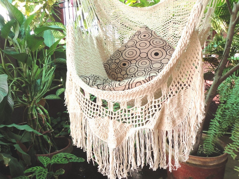 Hammock Chair Handmade with Natural Cotton and Wood. Indoor Outdoor Hanging Chair Swing. Beige White Reading Chair image 5