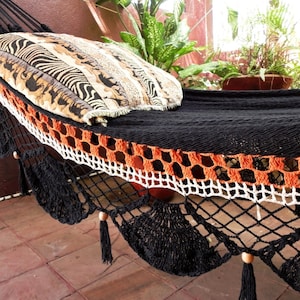 Black two lines Hammock, Hand Woven Natural Cotton with Special Fringe image 4