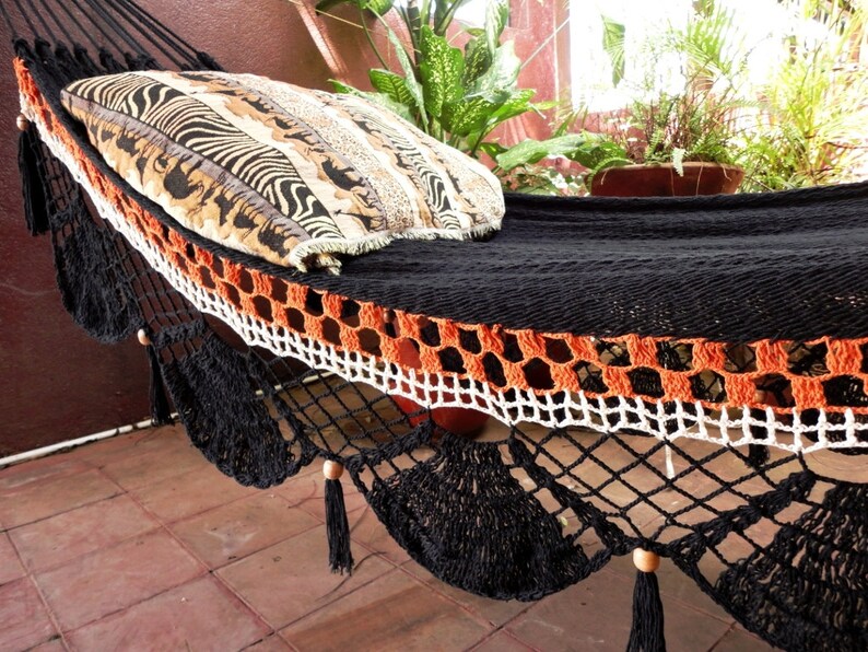 Black two lines Hammock, Hand Woven Natural Cotton with Special Fringe image 4