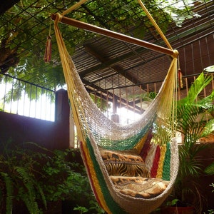 Vibrant Multicolor Hanging Hammock Chair Natural Cotton and Wood for Indoor and Outdoor Use image 2