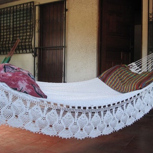 Beige Double Hammock hand-woven Natural Cotton with Bell Fringe Crochet