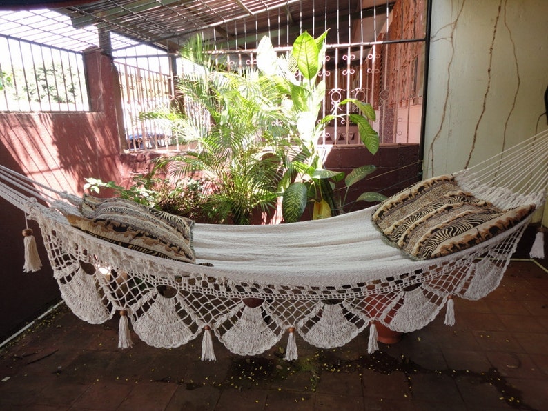 Beige Jumbo Size Hammock. Handwoven with Natural Cotton and Special Fringe image 3