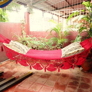 Red Hammock, Hand Woven Natural Cotton with Special Fringe image 3