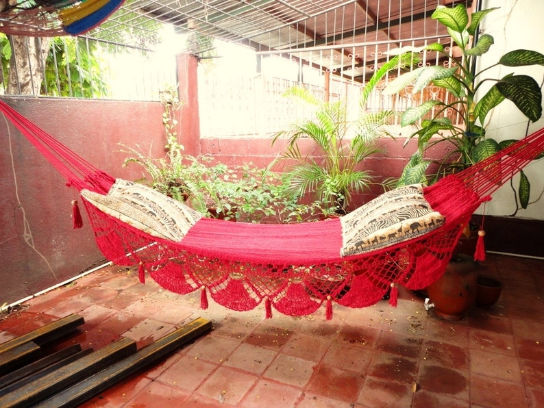 Red Hammock, Hand Woven Natural Cotton with Special Fringe image 3