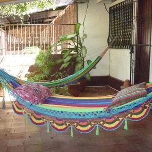 Hammocks, Beautiful center Turquoise Multicolor Double Hammock hand-woven Natural Cotton Special Fringe image 3