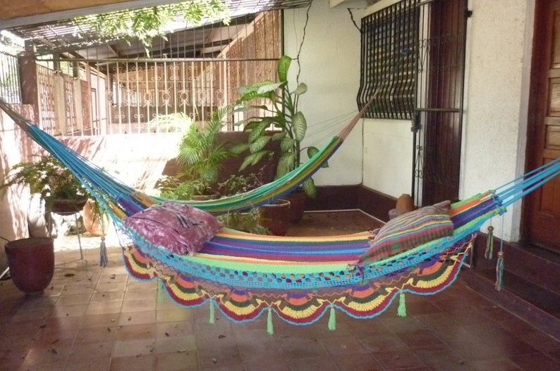 Hammocks, Beautiful center Turquoise Multicolor Double Hammock hand-woven Natural Cotton Special Fringe image 3