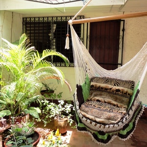 Beige Brown Light Green Tricolor Sitting Hammock Simple Fringe image 2