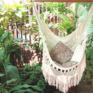 Hammock Chair Handmade with Natural Cotton and Wood. Indoor Outdoor Hanging Chair Swing. Beige White Reading Chair image 4