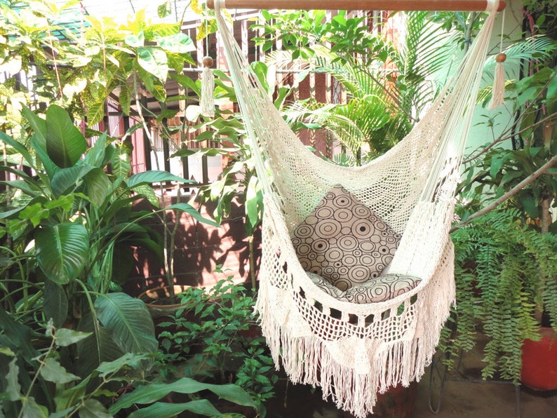Hammock Chair Handmade with Natural Cotton and Wood. Indoor Outdoor Hanging Chair Swing. Beige White Reading Chair image 4