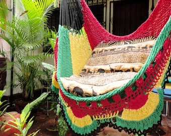 Red Yellow and Green Rasta Sitting Hammock -Simple Fringe