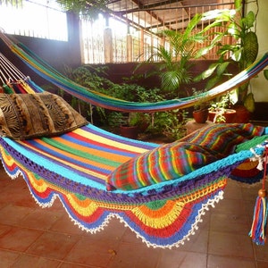 White colorful Hammock, Double size Hammock Hand Woven with Simple Fringe. image 3