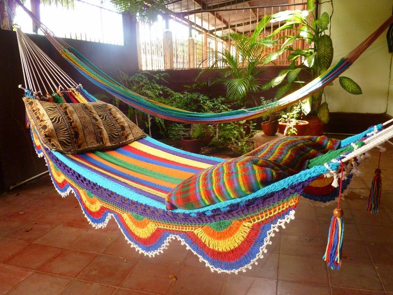 White colorful Hammock, Double size Hammock Hand Woven with Simple Fringe. image 3