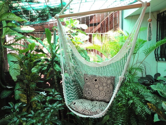 Green and White Bulico Sitting Hammock, Hanging Chair Natural Cotton and  Wood 