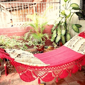 Red Hammock, Hand Woven Natural Cotton with Special Fringe image 4