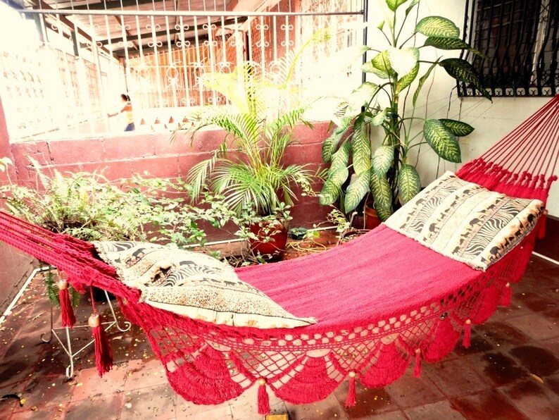 Red Hammock, Hand Woven Natural Cotton with Special Fringe image 4