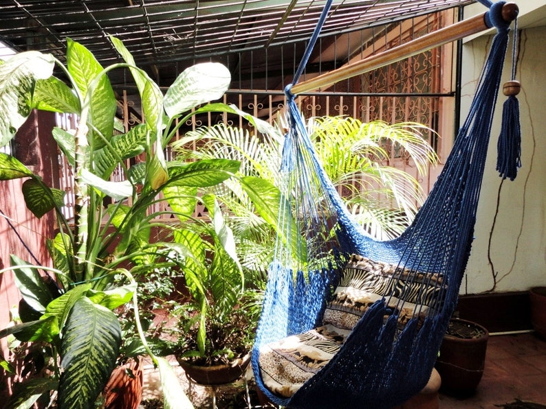 Royal Blue Sitting Hammock, Hanging Chair Natural Cotton and Wood image 4