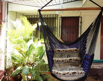 Black and Violet Bulico Sitting Hammock, Hanging Chair Natural Cotton and Wood