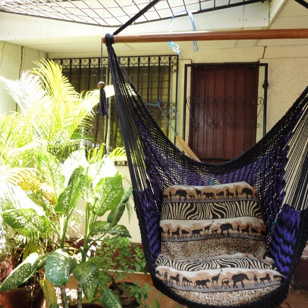 Black and Violet Bulico Sitting Hammock, Hanging Chair Natural Cotton and Wood