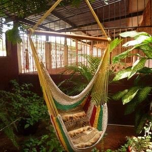 Vibrant Multicolor Hanging Hammock Chair - Natural Cotton and Wood for Indoor and Outdoor Use