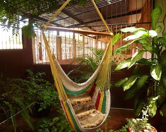 Vibrant Multicolor Hanging Hammock Chair - Natural Cotton and Wood for Indoor and Outdoor Use