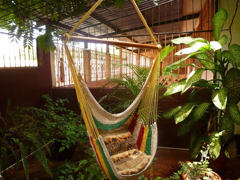 Vibrant Multicolor Hanging Hammock Chair Natural Cotton and Wood for Indoor and Outdoor Use image 1